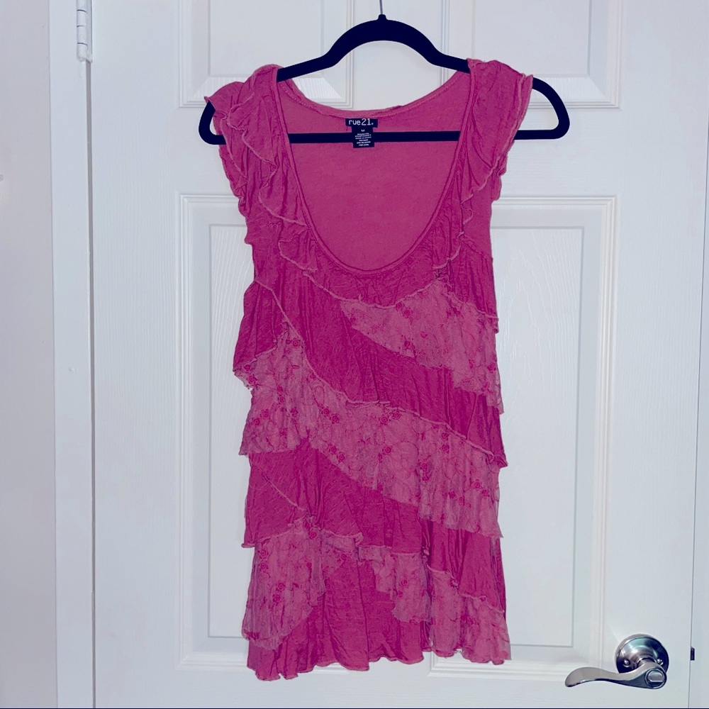 Dark pink sleeveless lace ruffle top